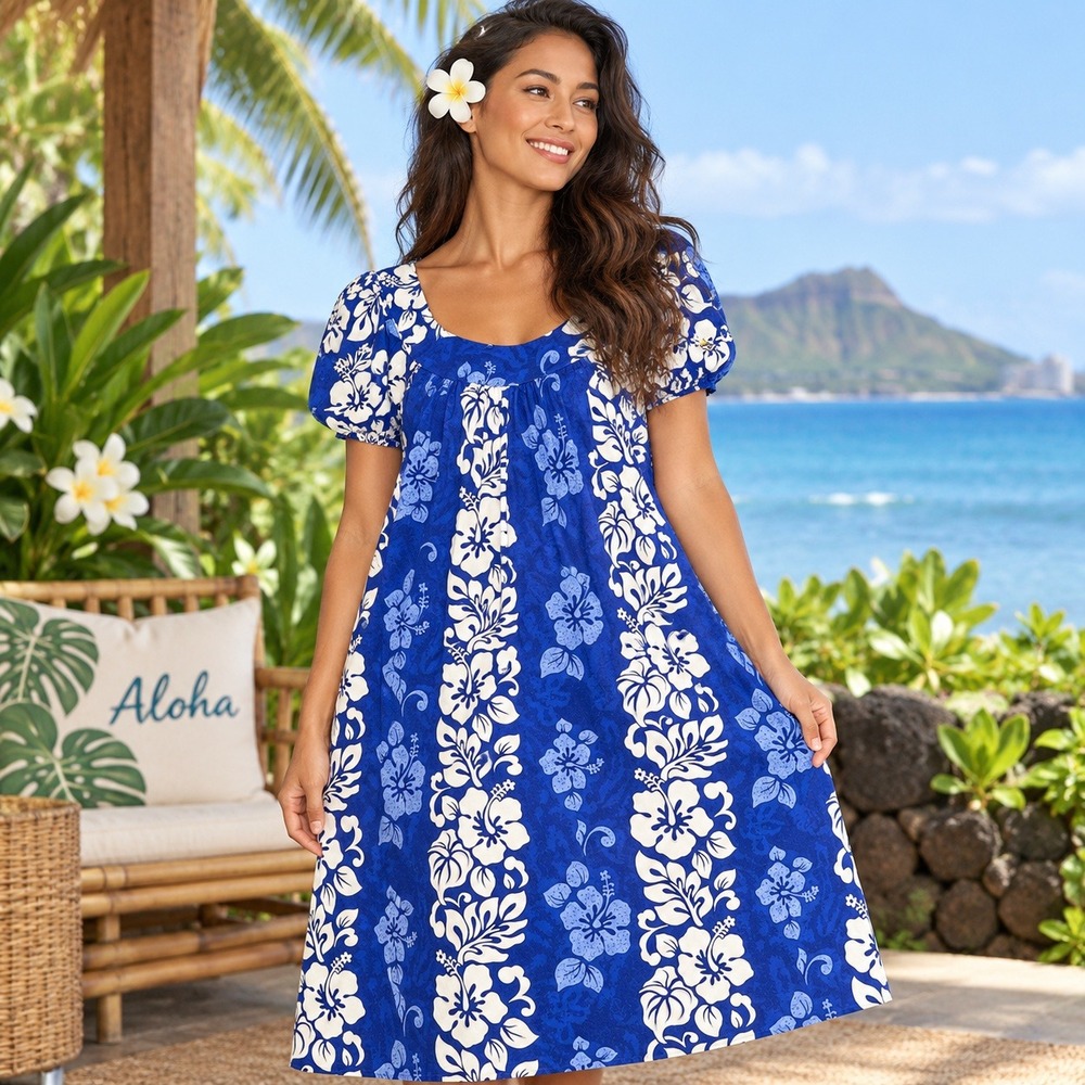 VTG Royal Creations Hawaii Muumuu Dress Women S Blue White Hibiscus Floral Print